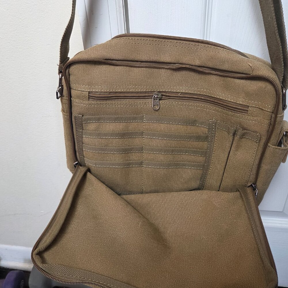 Olive Green Canvas Messenger Bag Laptop Shoulder Bag Durable Crossbody for Men - Picture 5 of 13